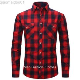 Men's Casual Shirts 2023 Rayon Material Men Casual Plaid Flannel Shirt Long-Sleeved Chest Two Pocket Design Printed-Button (USA SIZE S M L XL 2XL) L230721