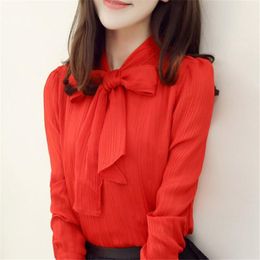 2017 White Red Blouse Women Work Wear Bow Collar Long Sleeve Chiffon Blouse Top Shirt S-XXXL blusas feminina