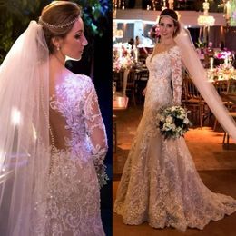 Luxury Long Sleeves Vintage Wedding Dresses Sheer Neck Appliques Beads Back With Button Mermaid Sweep Train Elegant Lace Bridal Go270H