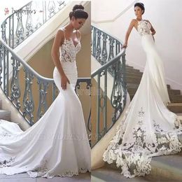 2022 Sexy Lace Appliqued Mermaid Wedding Dresses Vintage Spaghetti Open Back Beach Bohemian Bridal Gown BM0968280B