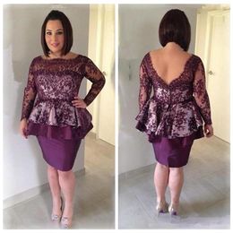 Grape Lace Sheath Mother Dresses Low Back Long Sleeves Short Mother Of The Bride Gowns Knee Length Women Formal Party Cocktail Dre2446