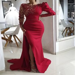 2020 Arabic Aso Ebi Red Luxurious Mermaid Evening Dresses Beaded Crystals Prom Dresses Long Sleeves Formal Party Second Reception 218e