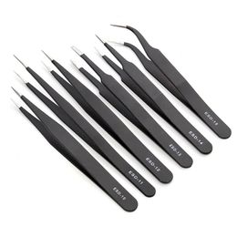 Whole-6pcs ESD Safe Anti-Static Stainless Steel Tweezers Set Maintenance Watch Repair Tools Kits Electronic Rework Tool Set DI254p