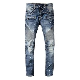 New France Style Men's Moto Pants Ribbed Oiled Washed Blue Skinny Denim Biker Jeans Stretch Slim Trousers Size 29-42 #1077#190H