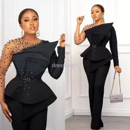 2022 Plus Size Arabic Black Stylish Prom Dresses Sheer Neck Beaded Jumpsuits Evening Formal Party Second Reception Gowns CC255S