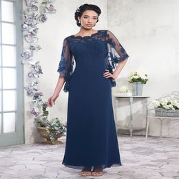 Navy Blue Mother of the Bride Dresses Chiffon A Line Floor Length Long Evening Dress Prom Gowns Elegant Style Tulle with Applique 218I