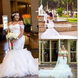 African Bridal Gowns Plus Size Wedding Dresses Spaghetti Straps Lace Appliques Beading Capped Mermaid Tiered Tulle Long2696