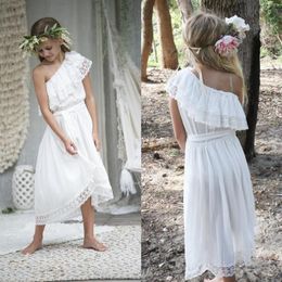 Pretty White Chiffon Lace Country Boho Flower Girl Dresses For Wedding 2017 One Shoulder High Low Beach Casual Dress Custom Made E214Y