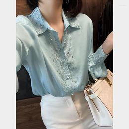 Women's Blouses Silk Beaded Chiffon Women Shirts Summer Design 2023 Turn-Down Collar Solid Long-Sleeved Elegant Female Outwear Tops