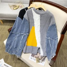 Women's Sweaters Denim Patchwork Cashmere Sweater Women Loose Casual Knitted Pullovers Basic Autumn Soft Knitwear Female Retro Jumper