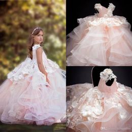 New Pale Pink Tier Girl Pageant Dresses V Neck Hand Made Flowers Appliques Ruched Ruffles Long Puffy Flower Girl Dress Kids Prom D2628
