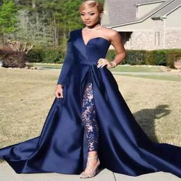 Elegant One Shoulder Prom Dresses Detachable Skirt Two Pieces Blue Jumpsuits Evening Gowns Side Slit Pants Suit Celebrity Party We207P