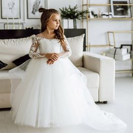 In STock Flower Girl Dresses Sheer Long Sleeve Appliques Lace Children Birthday Wedding Dress MC2308225q