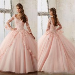 Blush Pink Ball Gown Quinceanera Dresses 2020 Long Sleeve Backless Lace Applique Prom Party Gowns Sweet 16 Birthday Dress Vestido 2940