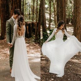 New Boho Wedding Dresses 2020 Long Sleeve Backless Chiffon Lace Bohemian Summer Country Beach Bridal Gowns vestido de novia Real I323E