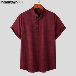 Men's Casual Shirts Men Plaid Shirt Cotton Stand Collar Short Sleeve Harajuku Casual Men Clothing Streetwear 2023 Summer Retro Shirts S-5XL L230721