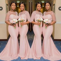 Blush Pink Sheer Jewel Neck Bridesmaid Dresses 1 2 Sleeve Mermaid Floor Length Black Girls Maid of Honour Gown Wedding Guest Dress309p