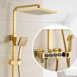 Thermostatic Golden Shower Faucet Set Wall Mounted Temperature Control Shower Mixers with Hand Shower Bidet Sprayer Head251D