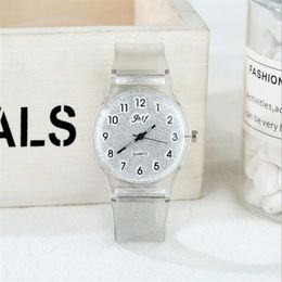 JHlF Brand Korean Fashion Promotion Quartz Ladies Watches Casual Personality Student Womens Watch White Transparent Plastic Band G234R