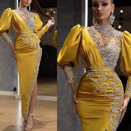 Gold Arabic Formal Evening Dresses 2022 Ankle-length Sparkly Sheer Long Sleeves Crystal Beaded Lace Side Split Prom Dress Party Go205s