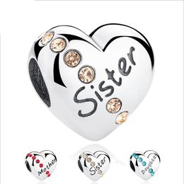 Solid 925 Sterling Silver Rhinestone Love Heart Beads Mom Daughter Sister Hearts Charm for DIY Jewelry Accessories276a