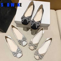 Dress Shoes Women Flat Elegant Fashion Women Flat Fashion Ballet Shoes Bling Crystal Bow Tie Square Toe Flats Shoes Lady Shiny Flat L230721