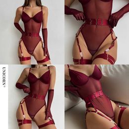 NXY Sex Tight Fitting Lace Bodysuit Sexy See Through Jumpsuits Burgundy Gloves Garter Night Club Outfit Sissy Crotchless Sheer Top 230717