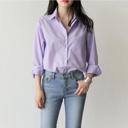 Spring Women Blouse Striped Turn-down Collar Office Lady Tops Full Sleeve Women Shirts Light Purple Fashion Female Tops