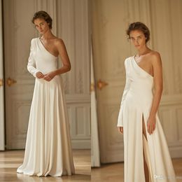 Liz Martinez 2020 Split Wedding Dresses Simple One Shoulder Long Sleeve Beach Boho A Line Satin Bridal Gowns Vestido De Novia3383