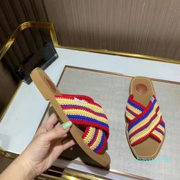 Designer -Womens Sandals Slippers Lady Sandal Summer Women Flip Flops Crochet Beach Flat Mules Cross Strap Slides Rainbow Braided Shoes Holiday Girls