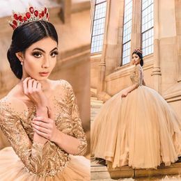 Principessa Paillettes Oro Abiti Quinceanera Sweetheart Ball Gown Sweet 15 Abito Perline Puffy Tulle Prom Dress Con Manica 2021 Aperto B218u