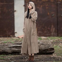 Women's Trench Coats QPFJQD Female Retro Hooded Solid Color Autumn Spring Button Women Cotton Pockets Long Sleeve 2023