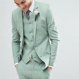 Green Beach Wedding Tuxedos Slim Fit Notched Lapel Men Suits Two Button Formal Business Groom Suit Jacket Pant Vest Tie245l