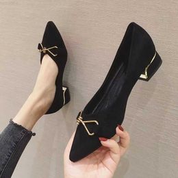Dress Shoes women shoes suede pointed toe metal bow decoration slip on flats mid-heel thick heel black loafers dress shoes L230721