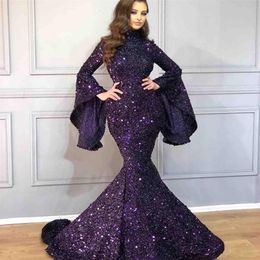 Arabic Bling Bling Sparkly Purple Sequined Mermaid Prom Dresses Bell Sleeves Poet Sweep Train Beaded Formal Evening Gowns Pageant 247V