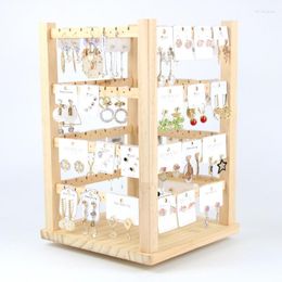 Jewelry Pouches Rotating Wooden Earring Holder Stand Display Necklace Organizer Tray Showcase Storage Box