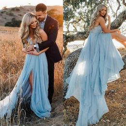 Sexy Engagement Party Dresses for Women Spaghetti Strap Backless High Slit A Line Court Train Sky Blue Tulle Boho Evening Dress278v