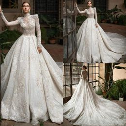 2020 New Luxury Wedding Dresses High Neck Long Sleeves Fulle Lace Beading Tulle Wedding Gowns Bride Dress Vestido de noiva302S