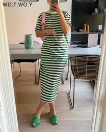 Basic Casual Dresses WOTWOY Summer O Neck Short Sleeve Stripes Dres Threads Knit Green Striped Female Loose Backless Mujer 230721