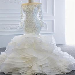 Lace Applique Long Sleeve Off Shoulder Wedding Dress Dubai Arabic Style Mermaid Bridal Gowns Custom238m