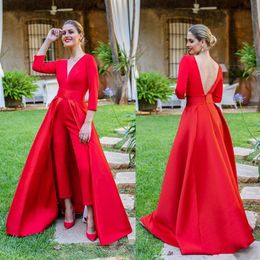 Red Jumpsuit Evening Party Formal Occasion Dresses 3 4 Long Sleeves Prom Gowns with Detachable Train Vestidos251Q