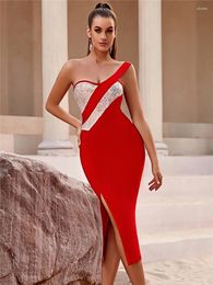 Casual Dresses Sexy Sequins Midi Bandage Dress 2023 One Shoulder Backless Slim Women Outfits Fashion Sleeveless Split Party Clubwear