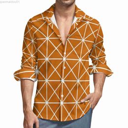 Men's Casual Shirts Nordic Pattern Orange Shirt Stripe Lines Print Casual Shirts Long Sleeve Graphic Funny Blouses Autumn Fashion Oversized Tops L230721