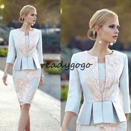 Cheap Appliqued Mother Of The Bride Dresses With 3 4 Sleeves Peplum Wedding Guest Dress Knee Length Plus Size Jacket Mothers Groom228t