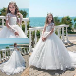 2019 Vintage Sheer Jewel Lace Appliques Tulle First Communion Dress Ball Gown Long Sleeve Flower Girl Dresses With Pearls245P