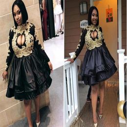 2022 Sexy Black and Gold Embroidery Lace Knee Length Prom Dresses Keyhole Neck with Long Sleeves A line Evening Formal Pageant Dre256Y