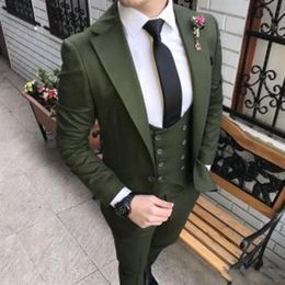 New Fashion Olive Green Slim Fit Groom Tuxedos Notch Lapel Groomsmen Mens Wedding Dress Excellent Man 3 Piece SuitJacket Pants Ve308M