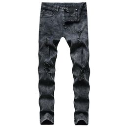 Mens Jeans Street Style Mens Biker Jeans Hole Distrressed with Zipper Slim Fit Denim Casual Male Trousers Pants213A