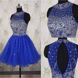 Royal Blue Short Prom Homecoming Dress 2022 High Neck Crystal Sparkly Sequin Beaded A line tulle Keyhole Back Cocktail Party Dress319k