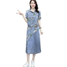 Dresses Skirts Womens 2022 Summer New Fashion Women Printed Hooded Shirt Denim Skirt Two Piece Set Female Long Skirt Suit 479